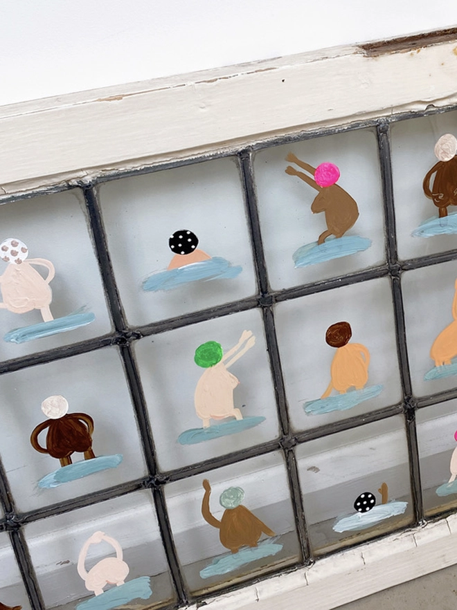 18 whimsical swimmers painted on old window stretching in the nude. Funny, quirky and playful