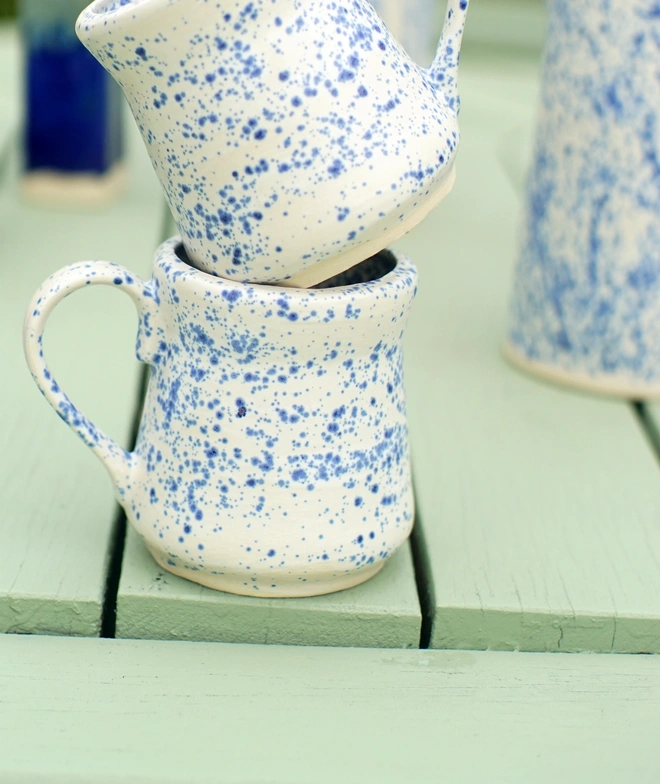 ceramic blue speckled mug, blue splatterware mug, blue splatter mug, ceramic splatter mug, mug gift, blue mug, Jenny Hopps Pottery, ceramic gift, home gift