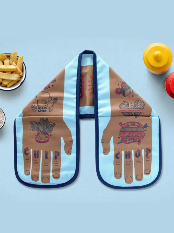 Chip Chop Double Oven Glove, against a blue background. 