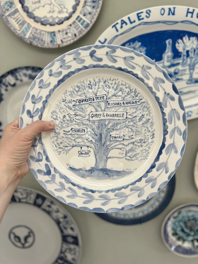 personalised family tree gift plate in blue and white, hand-painted plate