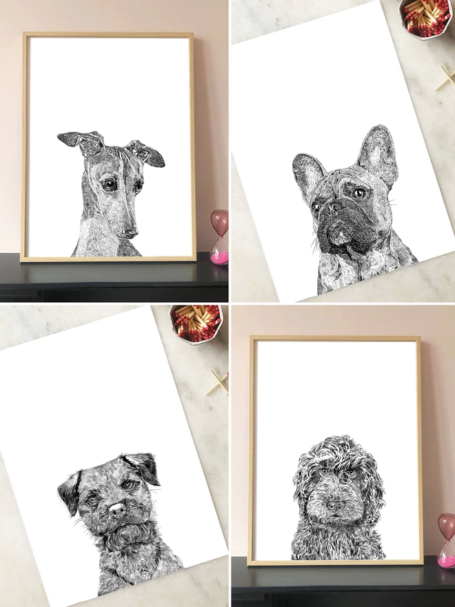 Bestselling dog portrait art prints of greyhound, french bulldog, border terrier and labradoodle