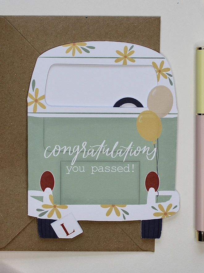 you passed driving test card. card shaped like campervan to congratulate new driver.