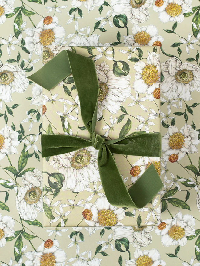 spring blossom floral gift wrap sheet. a box wrapped in pale green illustrated floral gift wrap with a green ribbon.