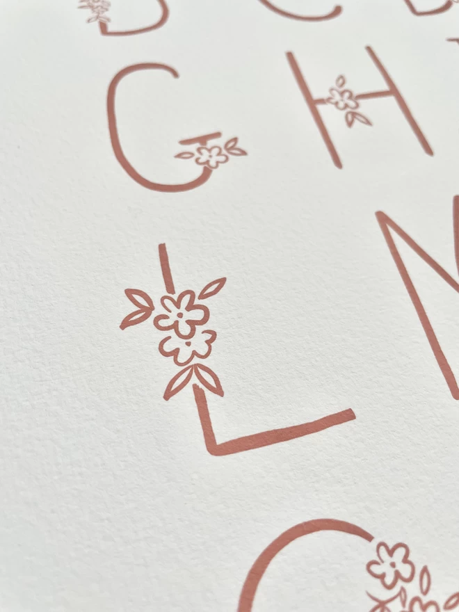 My First Alphabet Print with Floral details in dusty pink Close up