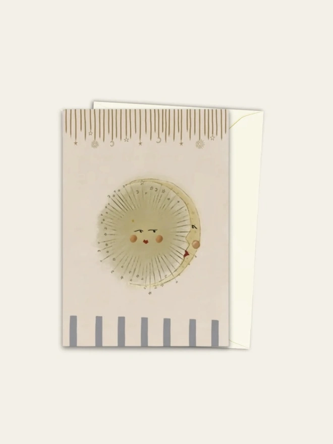 Astral Weeks Card, a colourful card sitting on a plain white surface on top of its envelope.