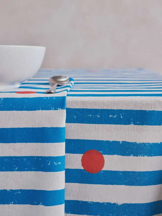 Blue stripe and red dot tablecloth 