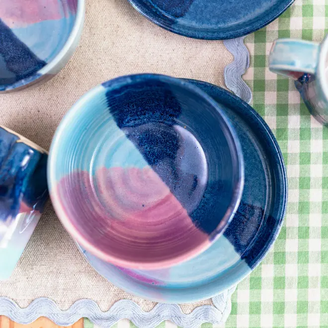 Landscape Breakfast (Set Of 2), a collection of colourful breakfast ceramics placed on a table.  