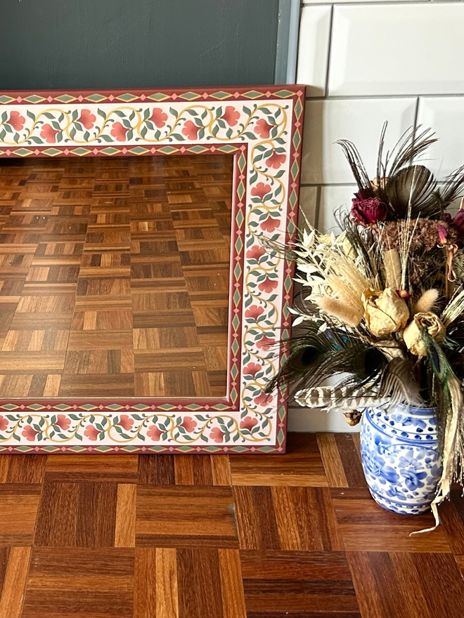 Hand Painted Wooden Mirror With Pink Flowers 