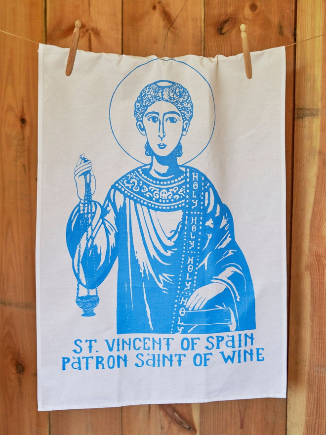 Embroidered patron saint of wine tea towel