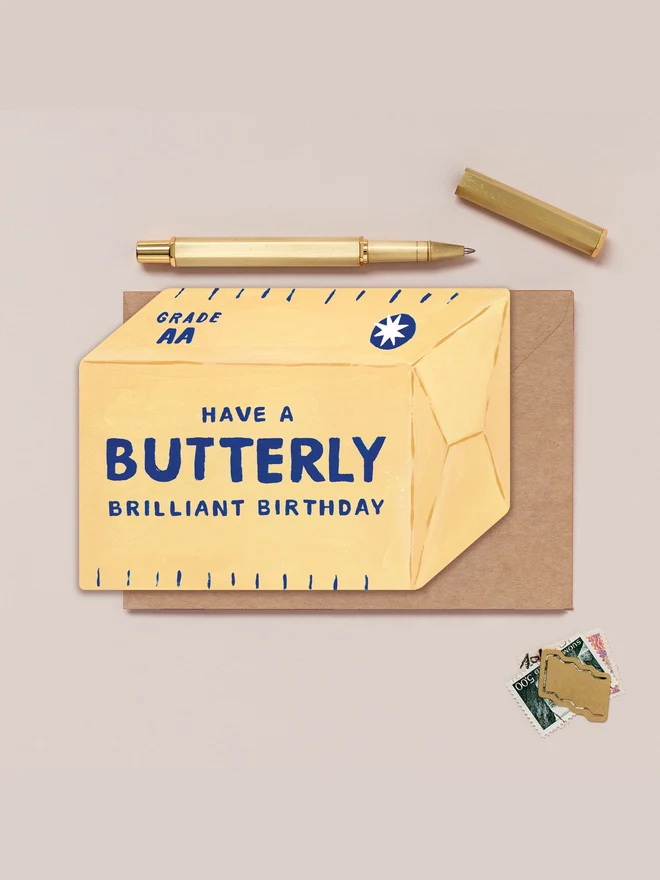 Butter Birthday Card by Sister Paper Co with a kraft envelope