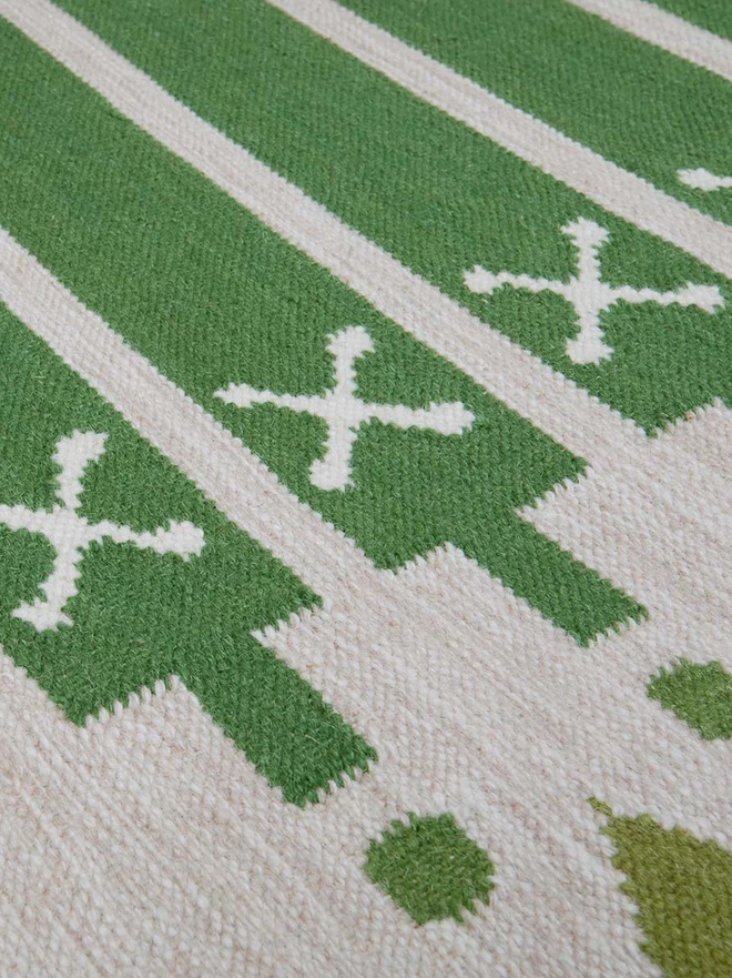 Darjeeling Flatweave Rug, a colourful rug on a plain surface. 