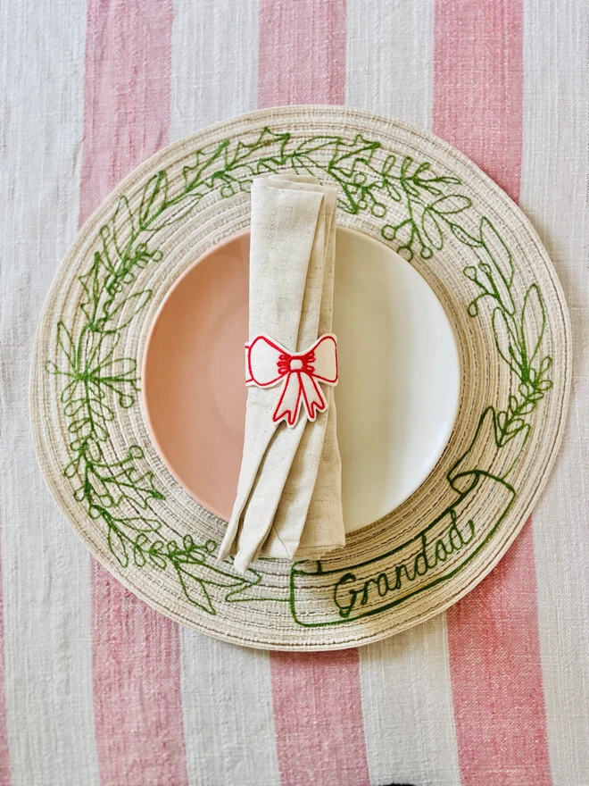 Individual Embroidered Chritmas Wreath Personalised Placemat