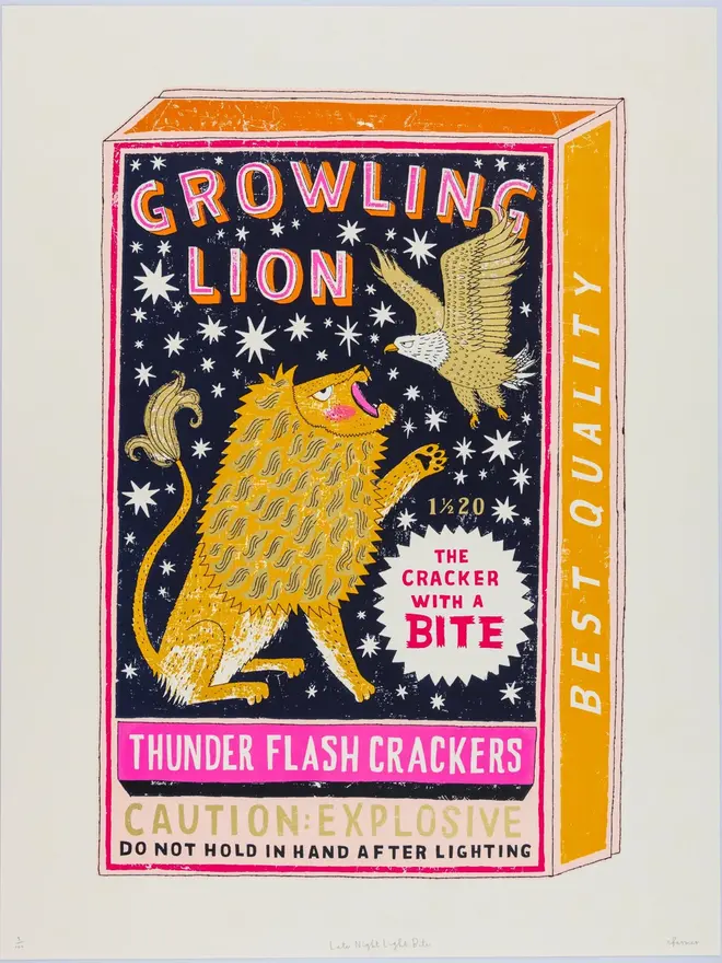 Lion And Eagle Firecracker Box Screenprint Late Night Bite, a colourful firecracker box design on a pale screenprint. 