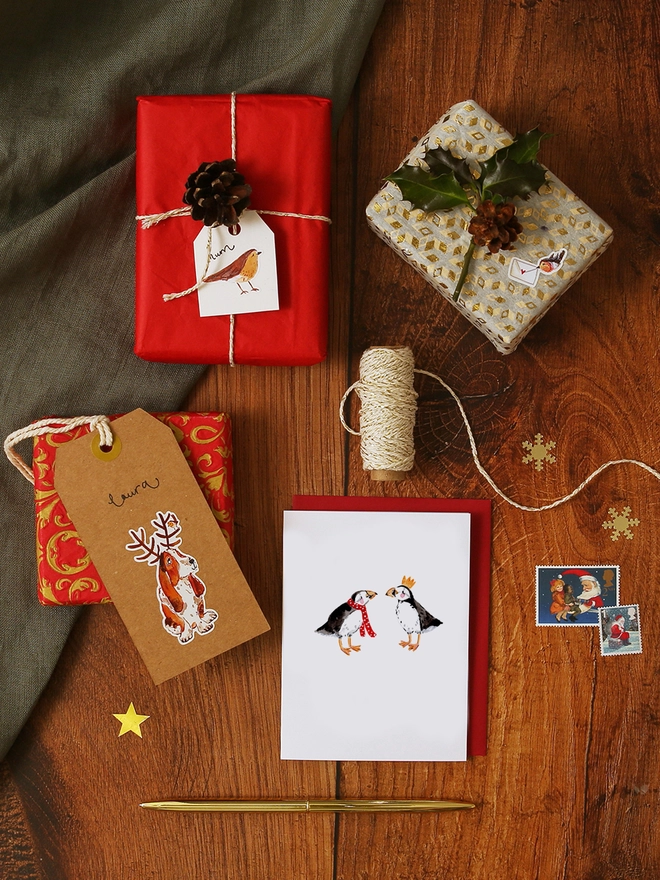 Two Christmas Puffins Mini Christmas Card