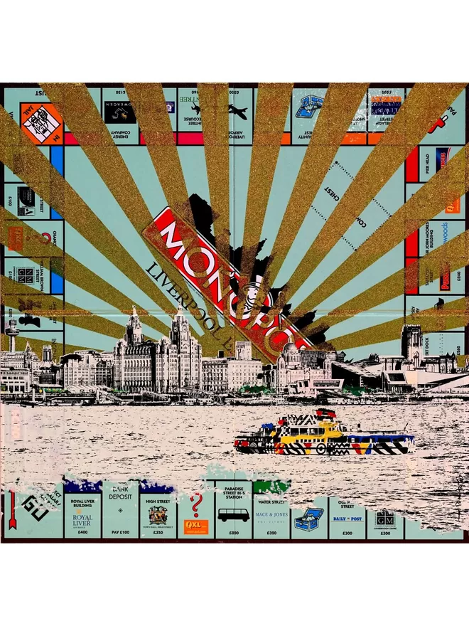 Monopoly Board with Liverpool view across the waterfront printed on top and gold glitter stripes 