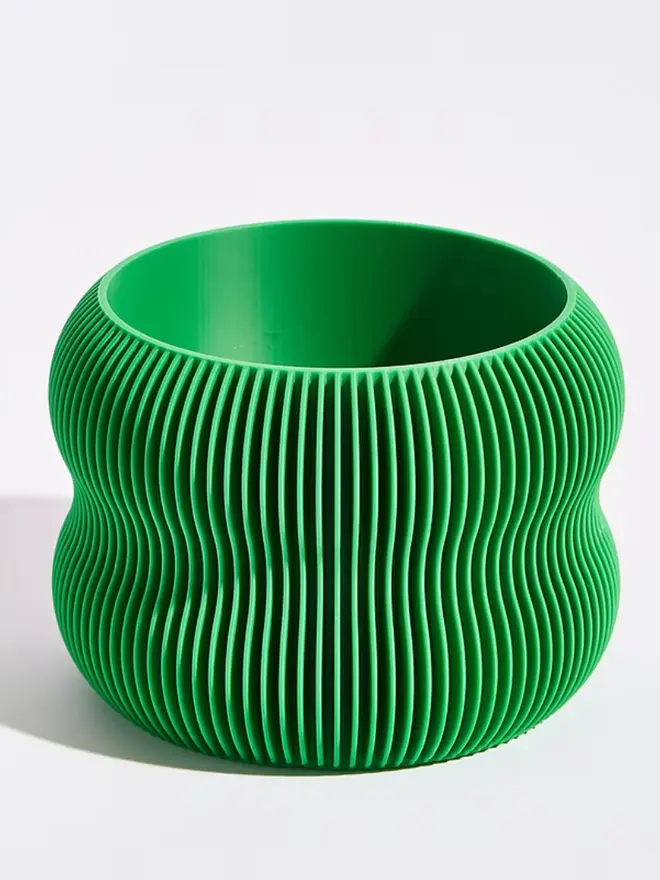 Sustainable 3D Printed Bamboo Green Plant Pot, bubble design, against a white background.