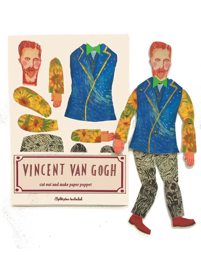 The packet of the Vincent Van Gogh packet along side a made up version of the articulated puppet al
