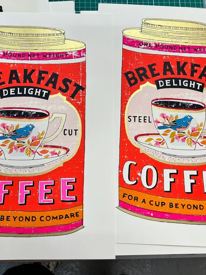 Bird/ Coffee Tin Screenprint A Cup Beyond Compare, a colourful coffee tin design in the centre of a white screenprint. 