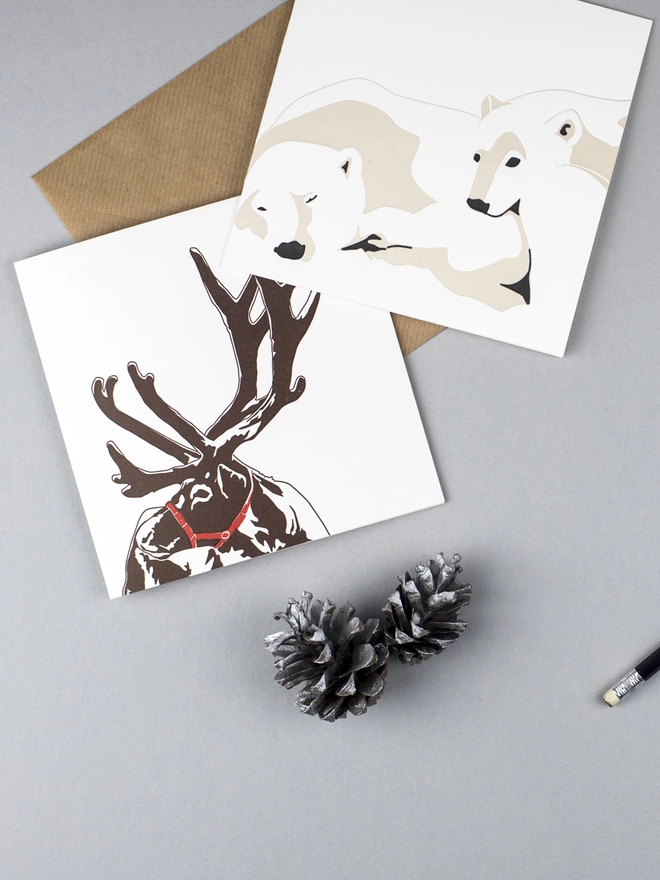 Letterpress Polar bear and reindeer big cards with all elements are 100% recycled and recyclable 