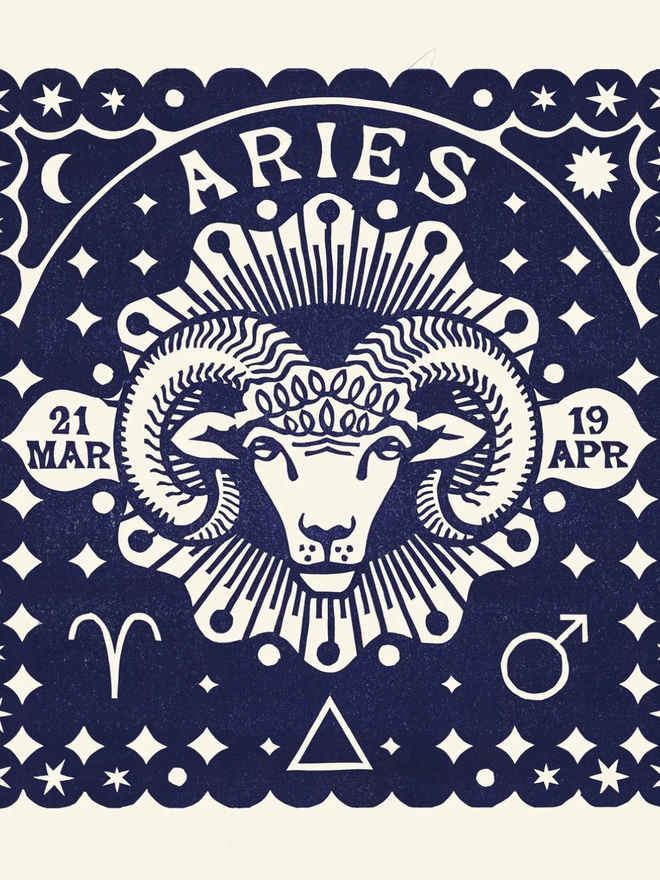 aries zodiac linocut. a ram and zodiac signs linocut and printed on a blue background.