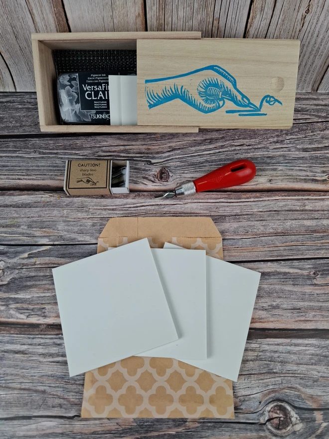 Lino stamp carving & block printing kit in Wooden box for printing on paper with versafine clair ink pad and pack of mastercut soft white lino
