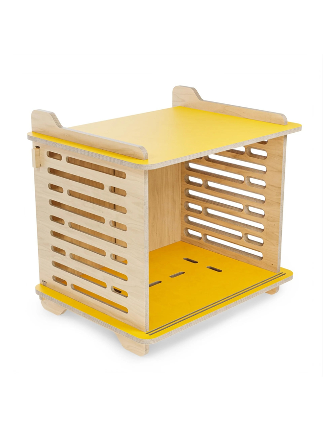 wooden dog crate with yellow top and base side view