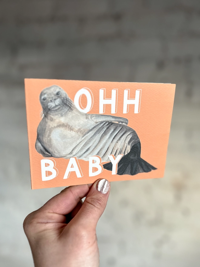 a peachy orange greetings card featuring an illustration of a chunky seal  with the text “ohh baby”