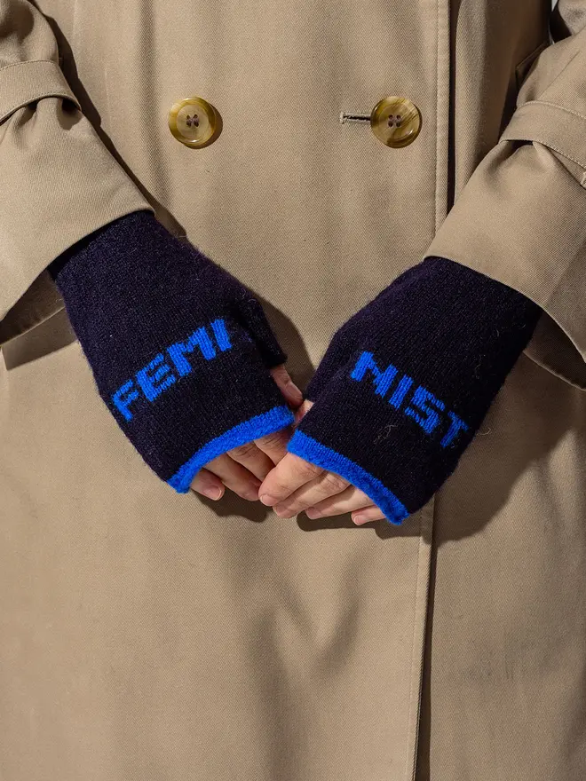 Feminist Mittens - Main - Navy Trim - Klein Wording - Klein