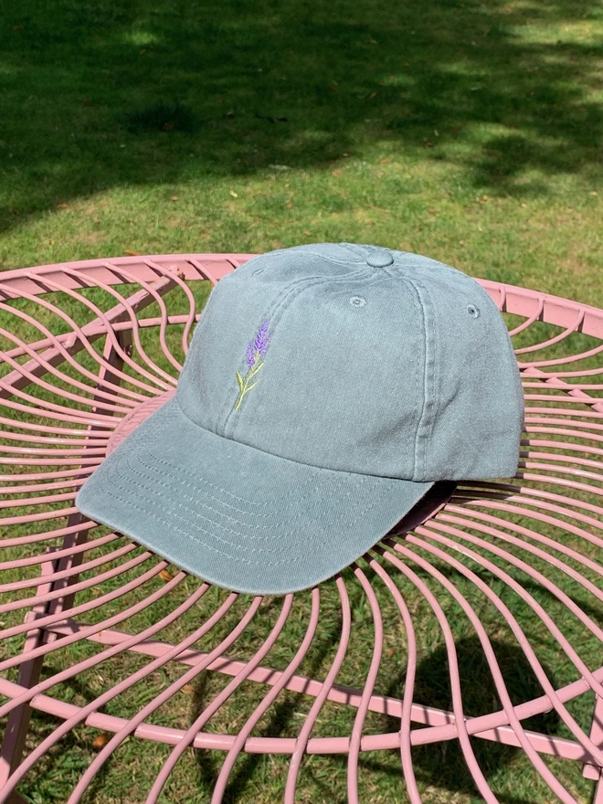Vintage Canvas Sage Green Cap with Lavender Design