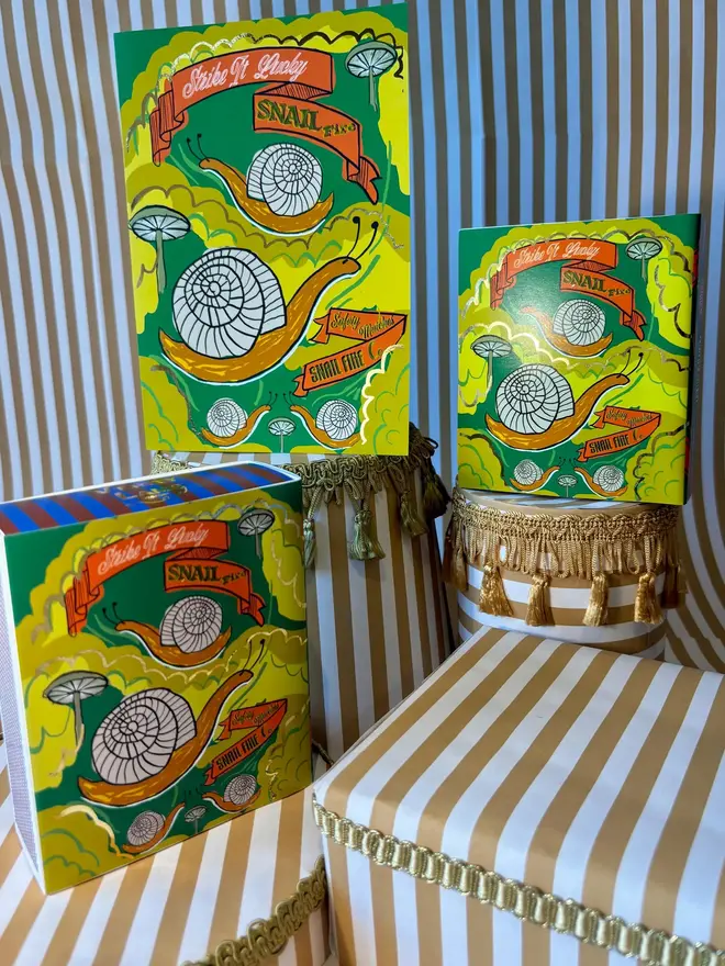 Snail Matchbox, a snail matchbox with a green design sitting on a decorated surface accompanied by other accessories.