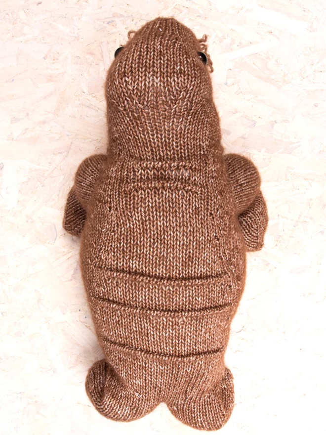 Walrus Knitting Kit. A medium brown walrus from above.