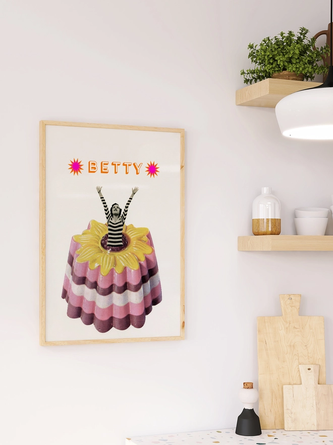 A retro personalised food print featuring a woman jumping out of a giant blancmange.