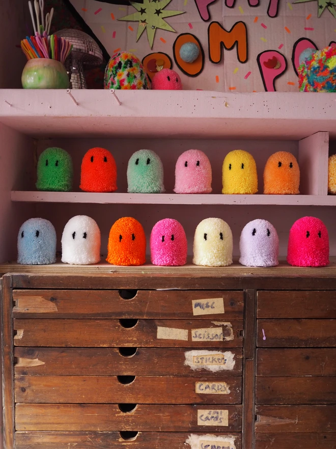 Pom Pom Ghost Sculptures in Various Colours