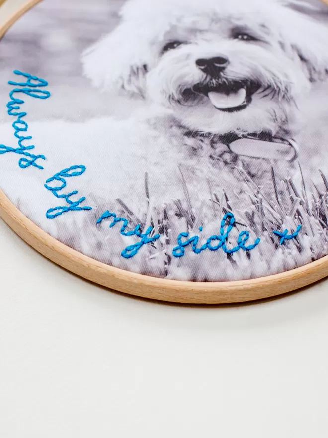 Hand stitched pet portrait photo hoop