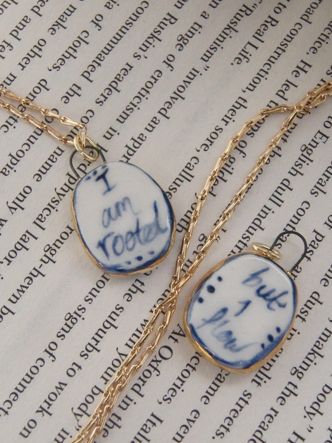 virginia Woolf porcelain pendant necklace with gold