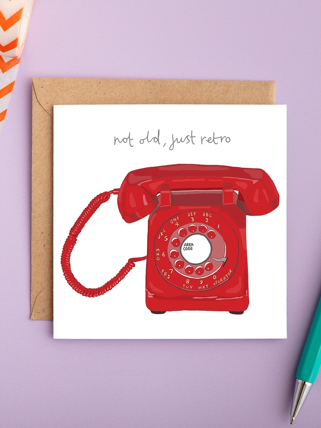 Funny retro birthday card featuring old-skool red telephone 