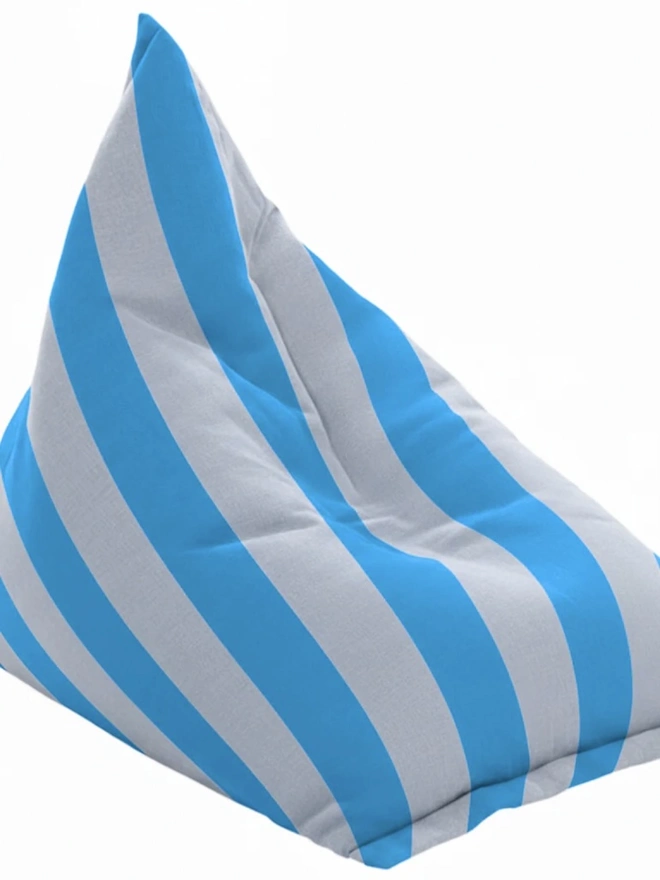 Hand Painted & Repurposed Linen Bean Bag Striped Chair, a colourful neon blue striped bean bag chair against a white background.