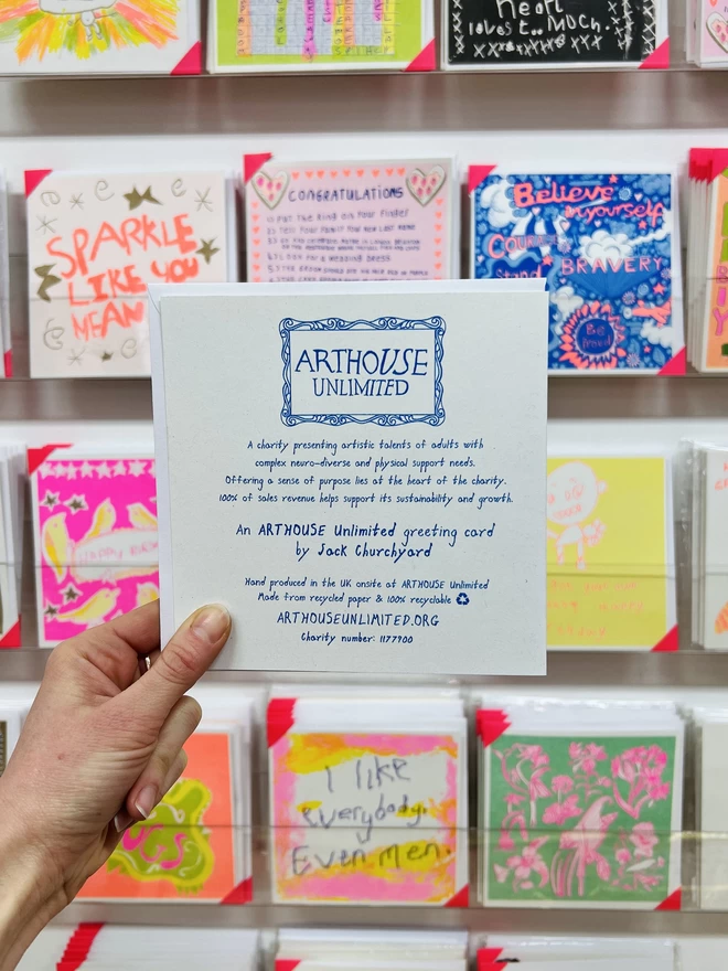 Back of A riso printed charity card called Believe In Yourself featuring the Arthouse Unlimited Logo