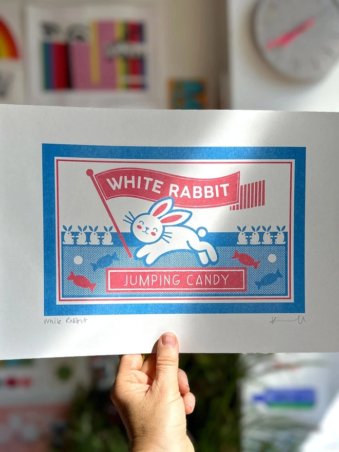 'White Rabbit' Jumping Candy Risograph Print