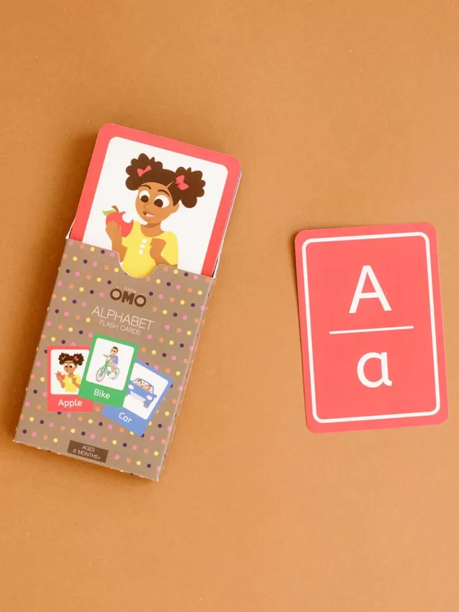 Illustrated side of the alphabet card in the packaging next to the flip side with a letter on it.