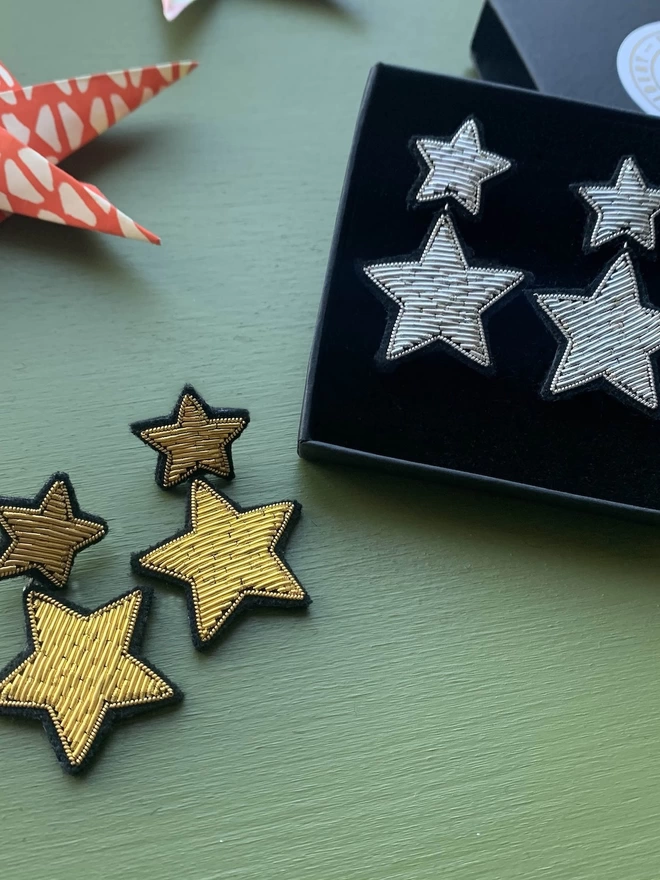Embroidered Star Earrings - Silver & Gold
