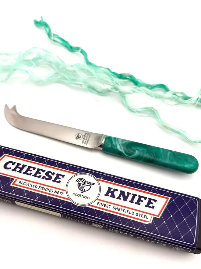 Recycled ocean plastic eco cheese knife handcrafted in the UK from recovered ghost fishing nets.