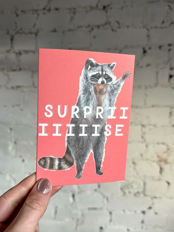 a bright coral pink greetings card featuring an illustration of a raccoon with its hands in the air with the text “surpriiiiise”