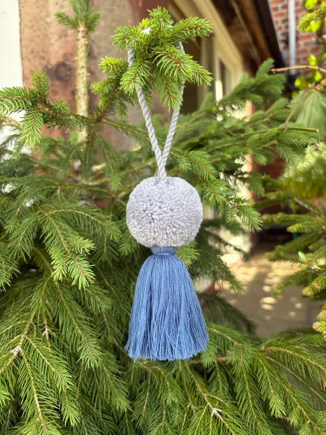 Greys Pom Pom and tassel Christmas Bauble Decoration 