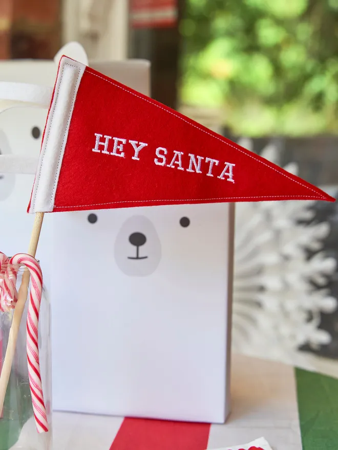 Hey santa red pennant flag