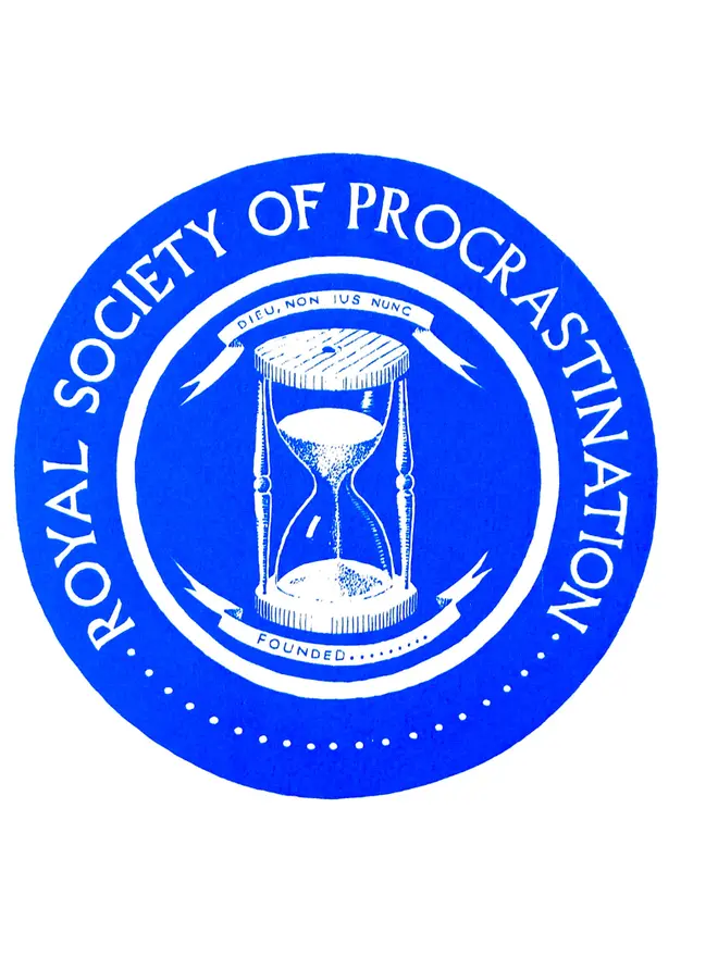 Blue 'Royal Society Of Procrastination' Screen Print on a white background. 