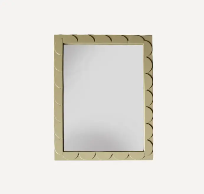 Scallop wood mirror with a scalloped wooden frame on a white background.