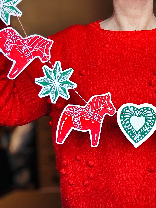 Dala Horse Traditional Nordic Christmas Linocut Garland