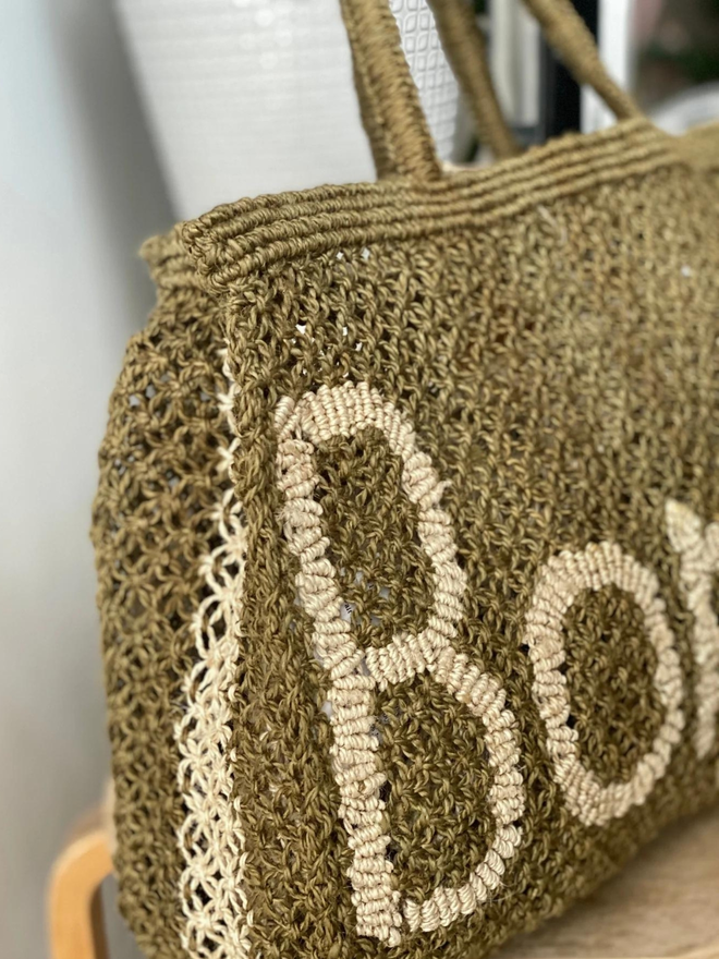 Olive Bonjour Jute Tote Bag