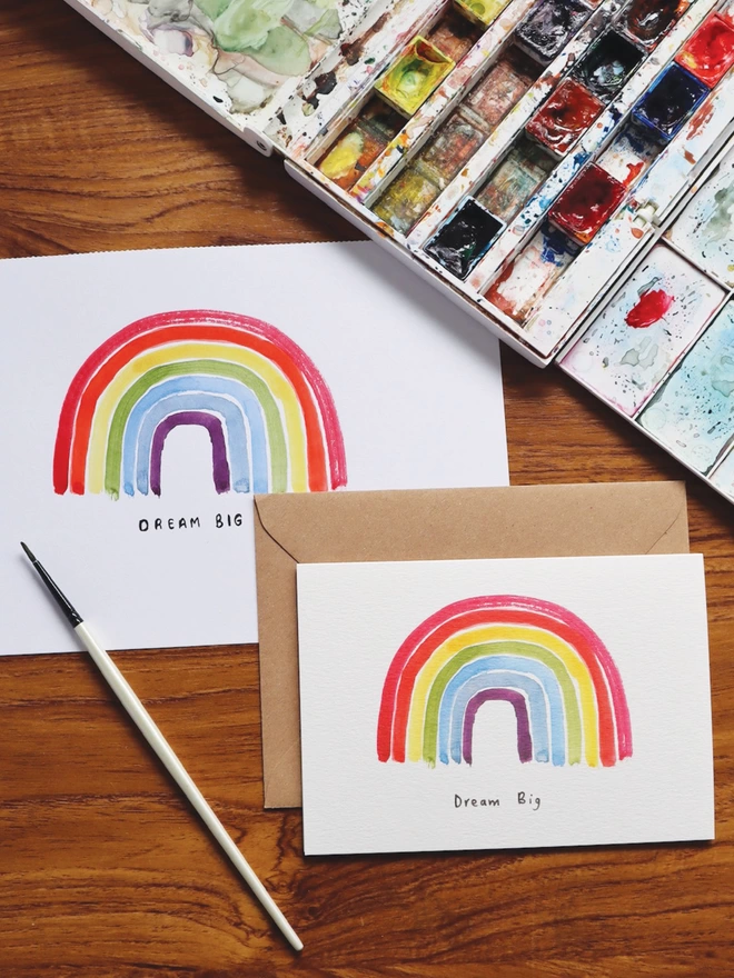 Dream Big Watercolour painted Rainbow Greeting Card